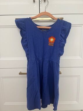 Monoprix Girls Blue Flutter-Sleeve Dress with Flower Accent